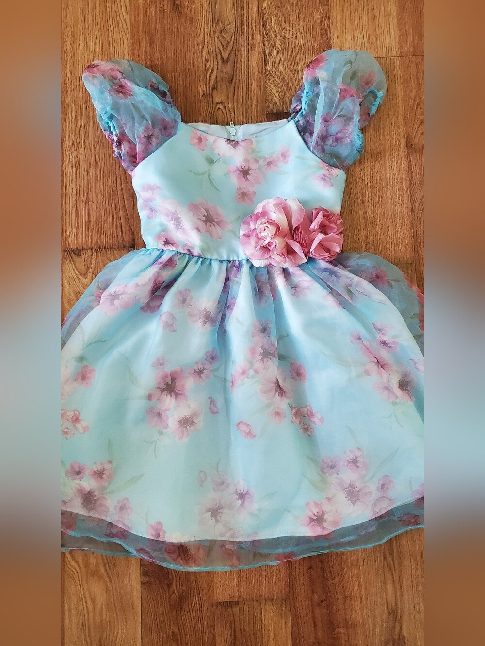Rare Editions Light Blue Floral Organza Dress with Pink Rosette Size 6 Girls